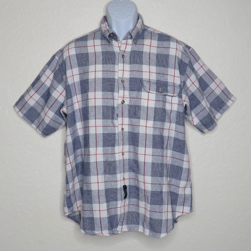 Allen Lolly* Men's Short Sleeve Button Down‎ Curved Hem Plaid Shirt~ Size Large